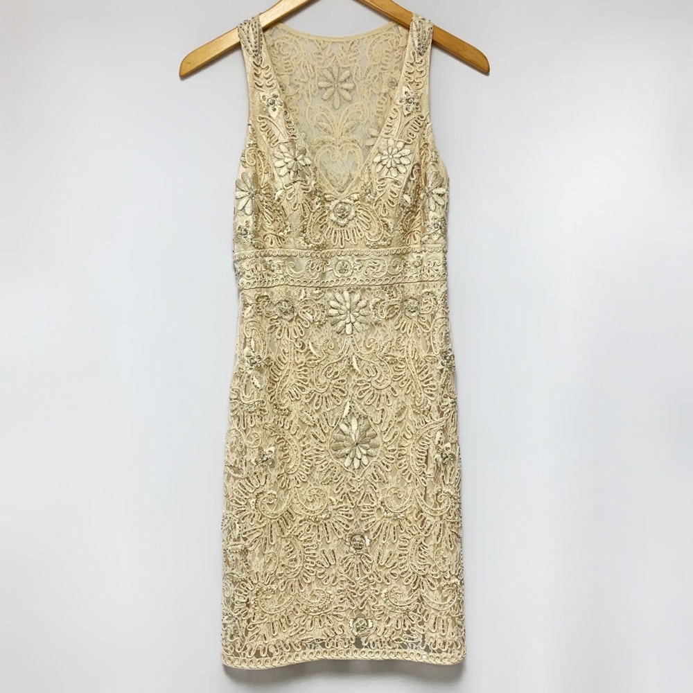 SUE WONG Beaded V Neck Sleeveless Lace Dress size 6